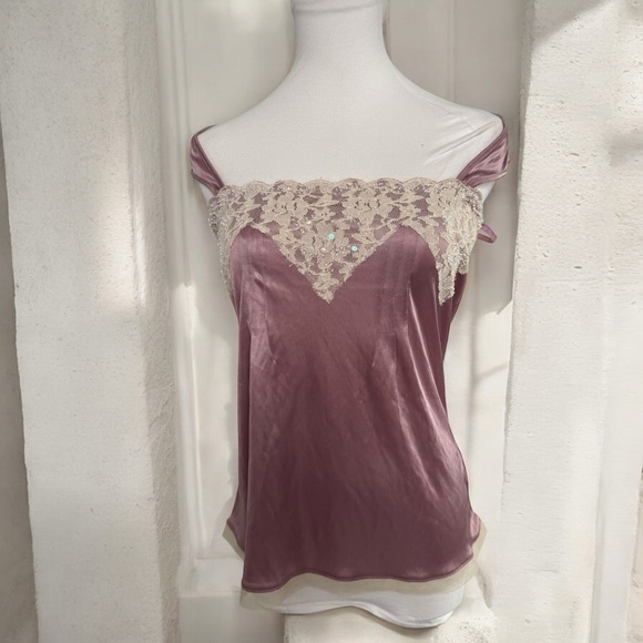 Vintage Y2K Elegant Lace Trim Satin Top Fairycore glam Miami Ibiza summer m - Picture 1 of 6